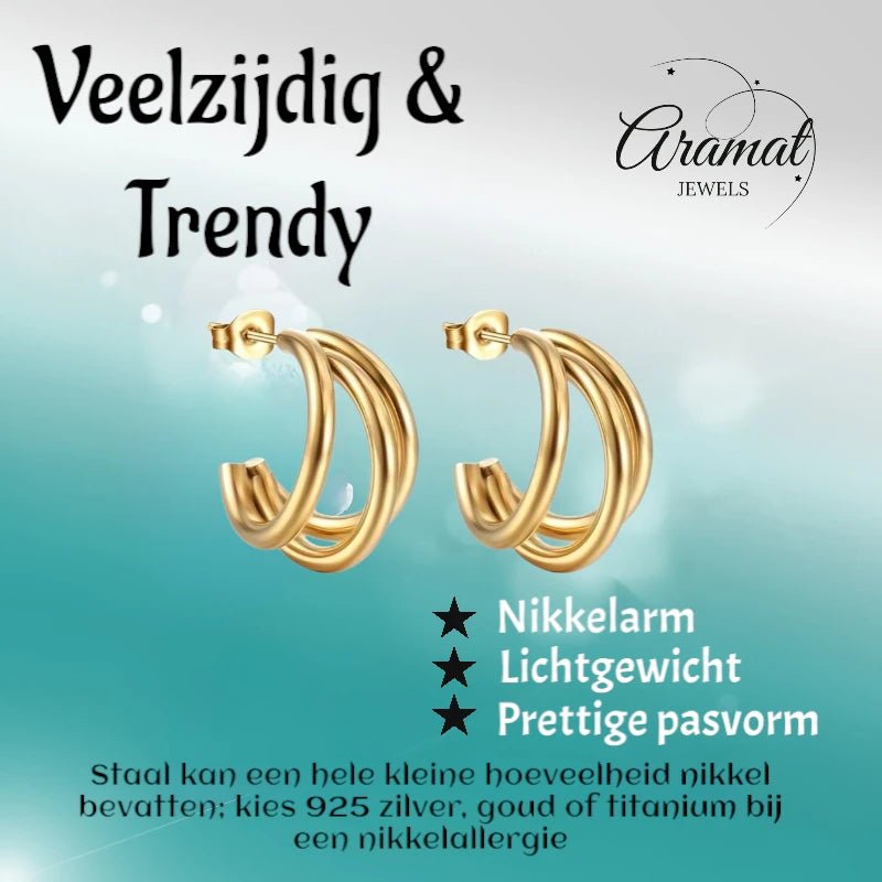 Triple Halve Oorringen RVS Goudkleurig 25mm -
