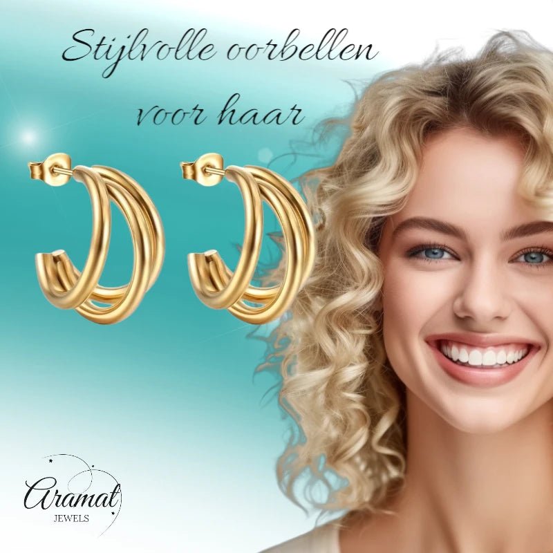 Triple Halve Oorringen RVS Goudkleurig 25mm -