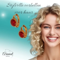 Mini Oorringen RVS Goudkleur &acirc;&euro;&ldquo; 15mm &acirc;&euro;&ldquo; Rode Ovale Zirkonia -