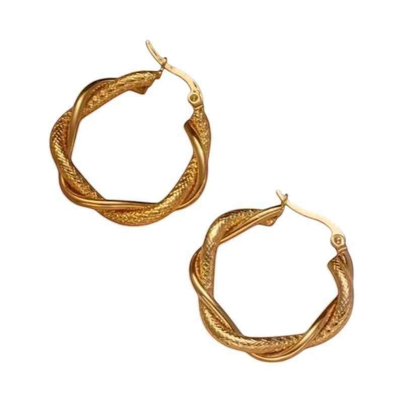 RVS Oorringen Goudkleurig &acirc;&euro;&ldquo; 30mm &acirc;&euro;&ldquo; Gedraaid & Ruitmotief -