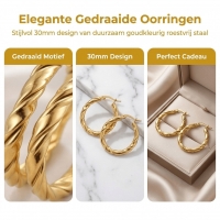 Ronde Oorringen RVS 30mm &acirc;&euro;&ldquo; Goudkleurig met Gedraaid Motief -