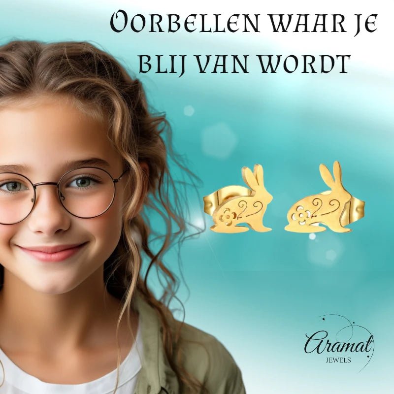 Stalen Konijn Oorbellen &acirc;&euro;&ldquo; Goudkleurig RVS &acirc;&euro;&ldquo; 8x7mm &acirc;&euro