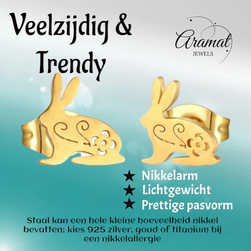 Stalen Konijn Oorbellen &acirc;&euro;&ldquo; Goudkleurig RVS &acirc;&euro;&ldquo; 8x7mm &acirc;&euro