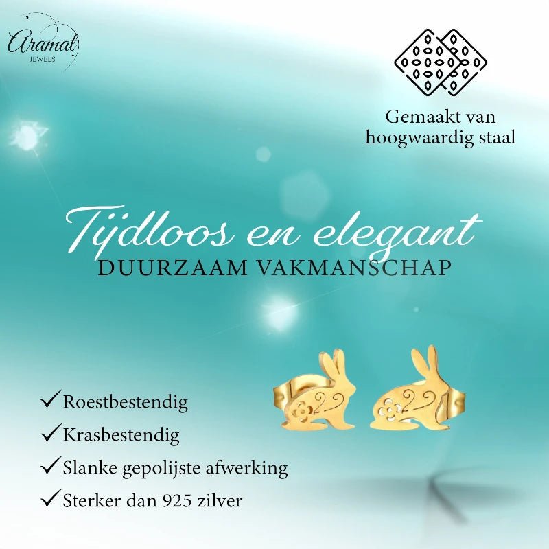 Stalen Konijn Oorbellen &acirc;&euro;&ldquo; Goudkleurig RVS &acirc;&euro;&ldquo; 8x7mm &acirc;&euro