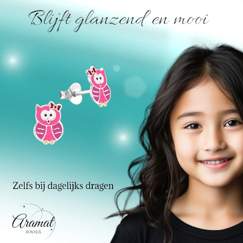 Zilveren Uiltjes Oorbellen Meisje &acirc;&euro;&ldquo; 925 Zilver &acirc;&euro;&ldquo; Roze & Do