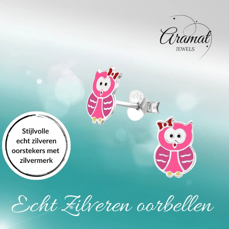 Zilveren Uiltjes Oorbellen Meisje &acirc;&euro;&ldquo; 925 Zilver &acirc;&euro;&ldquo; Roze & Do