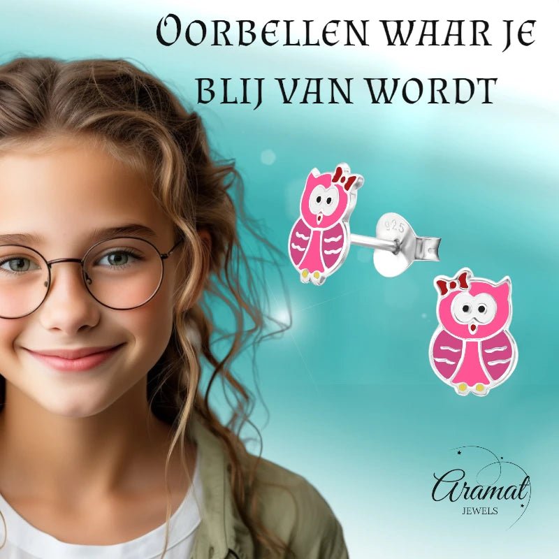 Zilveren Uiltjes Oorbellen Meisje &acirc;&euro;&ldquo; 925 Zilver &acirc;&euro;&ldquo; Roze & Do