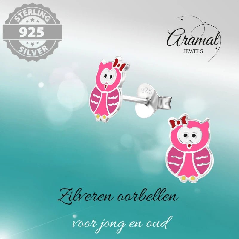 Zilveren Uiltjes Oorbellen Meisje &acirc;&euro;&ldquo; 925 Zilver &acirc;&euro;&ldquo; Roze & Do