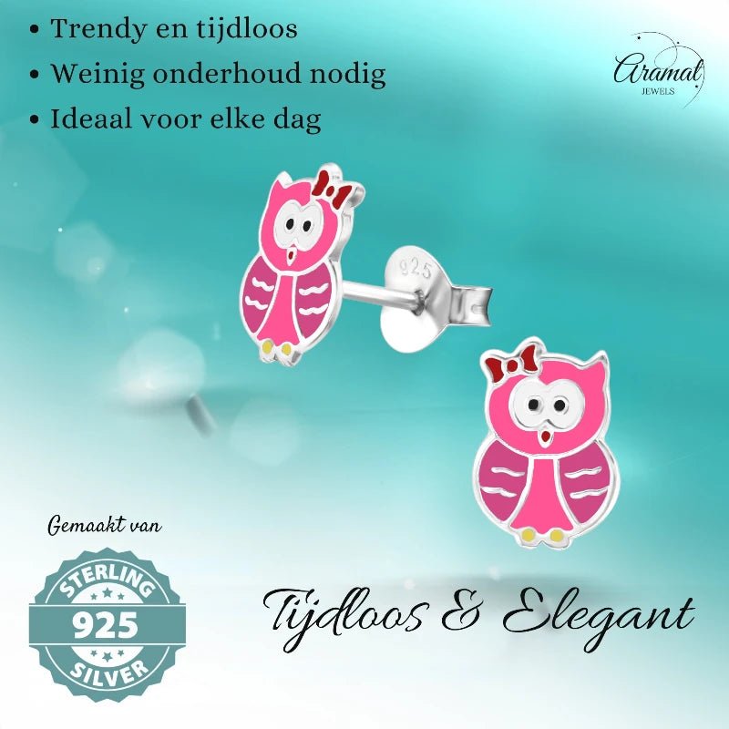 Zilveren Uiltjes Oorbellen Meisje &acirc;&euro;&ldquo; 925 Zilver &acirc;&euro;&ldquo; Roze & Do