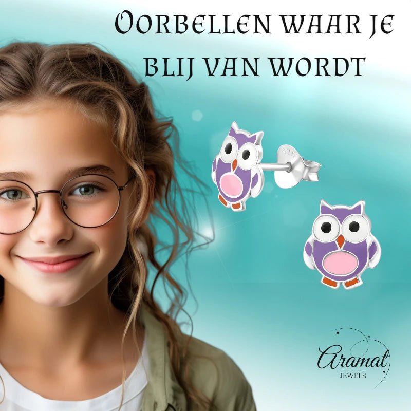 Zilveren Uiltjes Oorbellen Meisje &acirc;&euro;&ldquo; 925 Zilver &acirc;&euro;&ldquo; Paars Roze Em