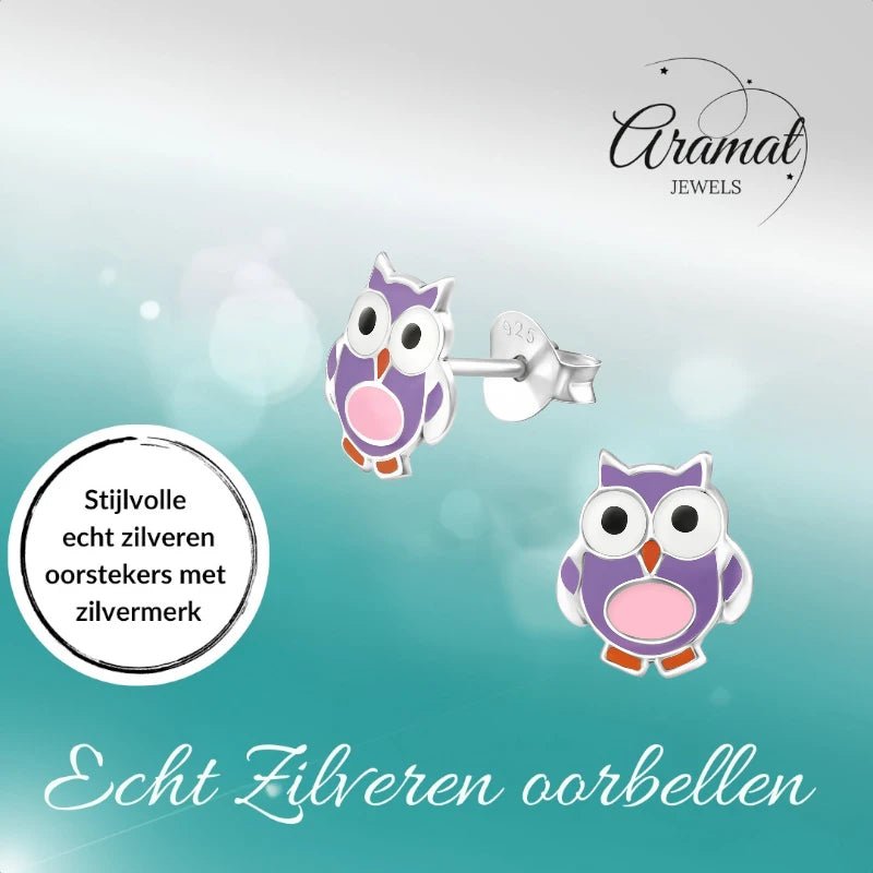 Zilveren Uiltjes Oorbellen Meisje &acirc;&euro;&ldquo; 925 Zilver &acirc;&euro;&ldquo; Paars Roze Em