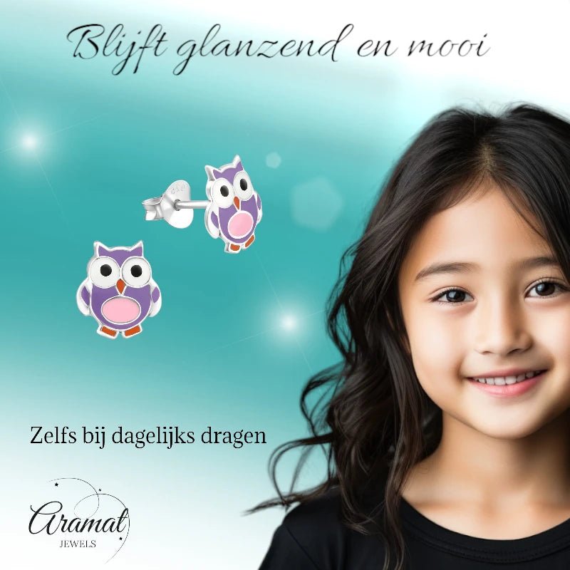 Zilveren Uiltjes Oorbellen Meisje &acirc;&euro;&ldquo; 925 Zilver &acirc;&euro;&ldquo; Paars Roze Em