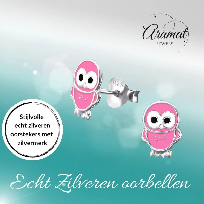 Zilveren Uiltjes Oorbellen Meisje &acirc;&euro;&ldquo; 925 Zilver &acirc;&euro;&ldquo; Roze Emaille 