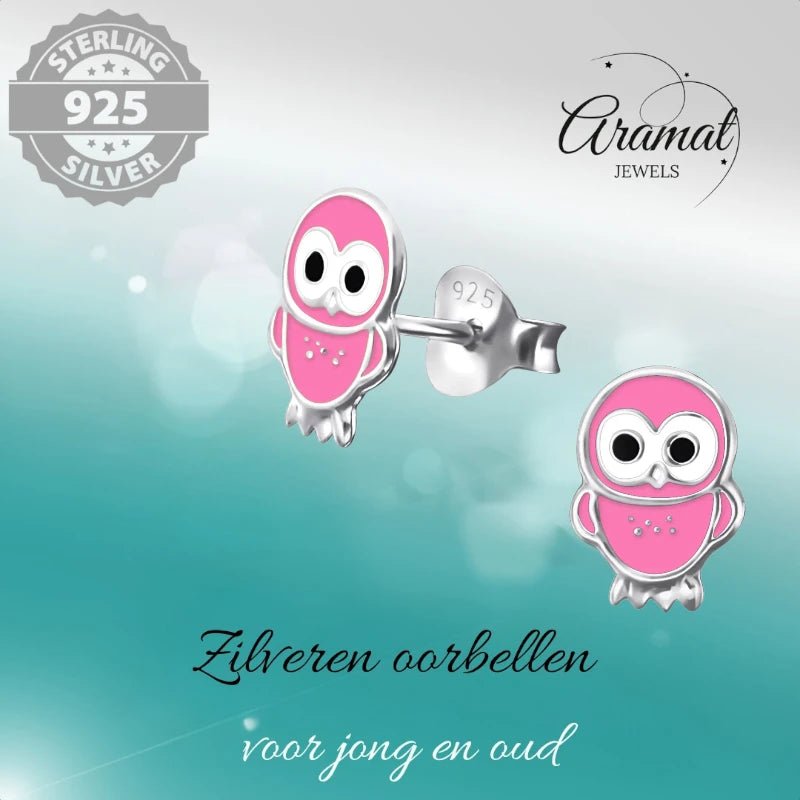 Zilveren Uiltjes Oorbellen Meisje &acirc;&euro;&ldquo; 925 Zilver &acirc;&euro;&ldquo; Roze Emaille 