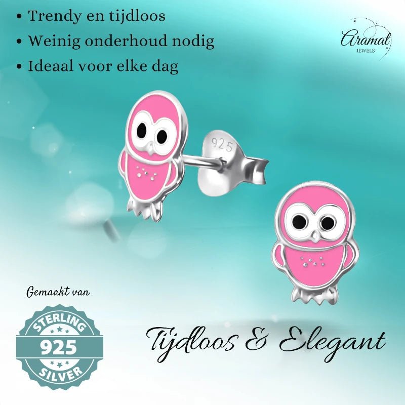 Zilveren Uiltjes Oorbellen Meisje &acirc;&euro;&ldquo; 925 Zilver &acirc;&euro;&ldquo; Roze Emaille 