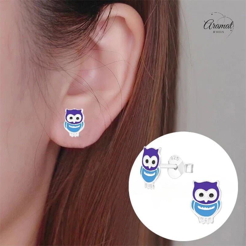 Zilveren Uiltjes Oorbellen Meisje &acirc;&euro;&ldquo; 925 Zilver &acirc;&euro;&ldquo; Blauw Emaille