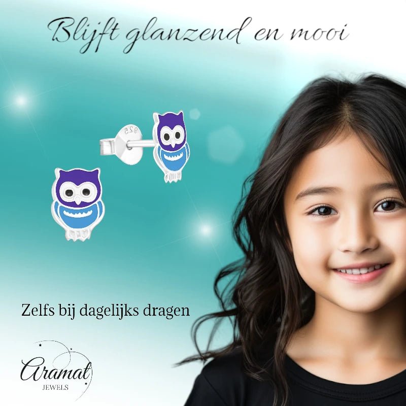 Zilveren Uiltjes Oorbellen Meisje &acirc;&euro;&ldquo; 925 Zilver &acirc;&euro;&ldquo; Blauw Emaille
