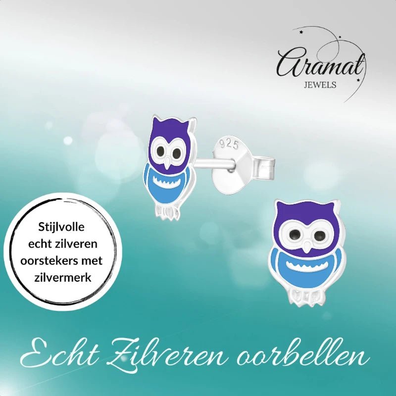 Zilveren Uiltjes Oorbellen Meisje &acirc;&euro;&ldquo; 925 Zilver &acirc;&euro;&ldquo; Blauw Emaille