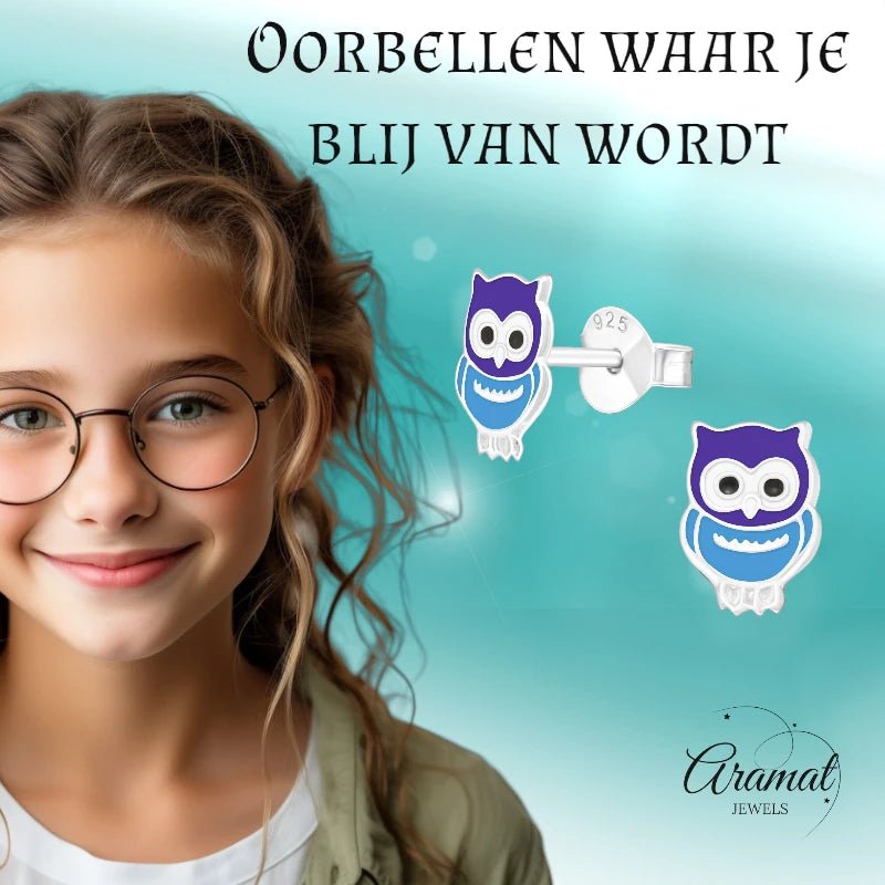 Zilveren Uiltjes Oorbellen Meisje &acirc;&euro;&ldquo; 925 Zilver &acirc;&euro;&ldquo; Blauw Emaille