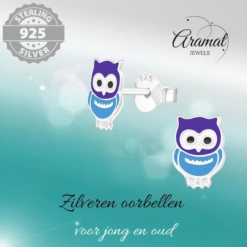 Zilveren Uiltjes Oorbellen Meisje &acirc;&euro;&ldquo; 925 Zilver &acirc;&euro;&ldquo; Blauw Emaille