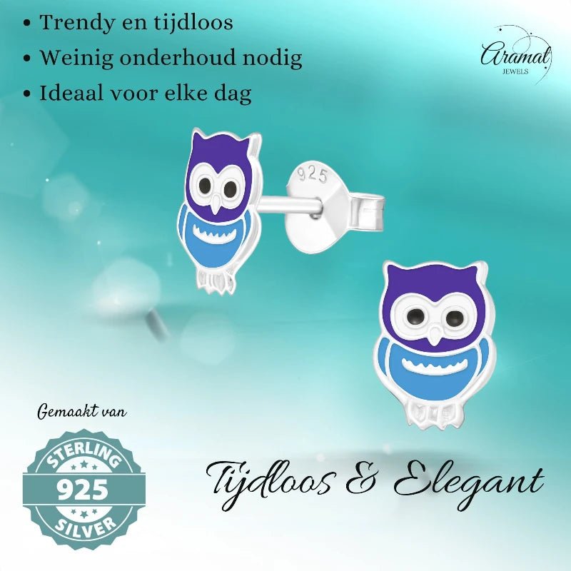 Zilveren Uiltjes Oorbellen Meisje &acirc;&euro;&ldquo; 925 Zilver &acirc;&euro;&ldquo; Blauw Emaille
