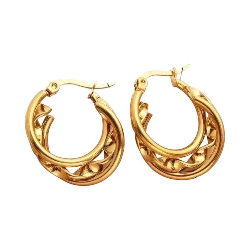 Goudkleurige Triple Oorringen RVS met Gedraaide Ring 20x7mm -