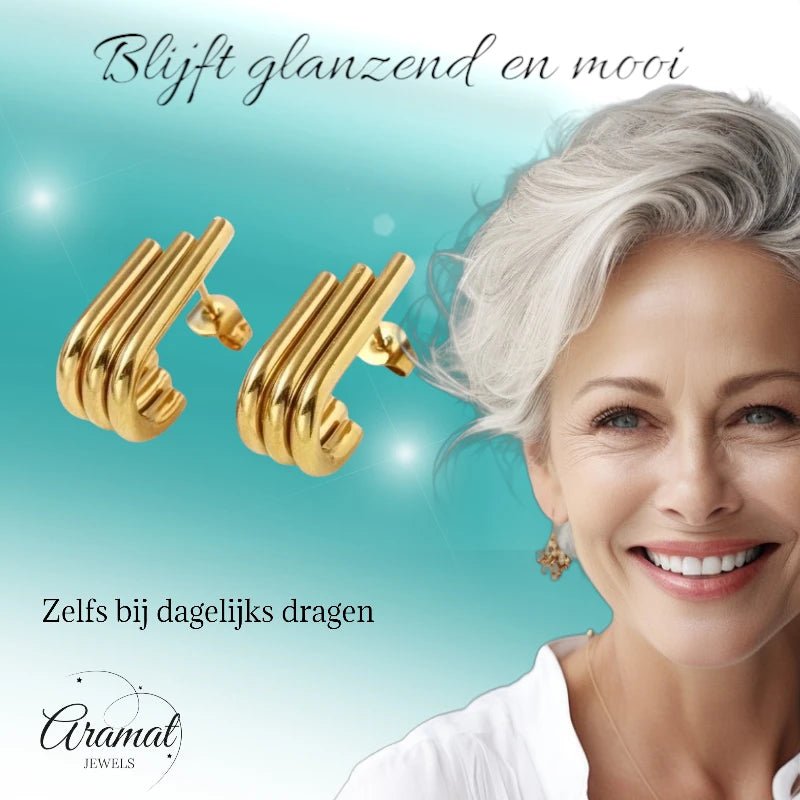 Triple Oorstekers Goudkleurig - Halve Hoepel Design -