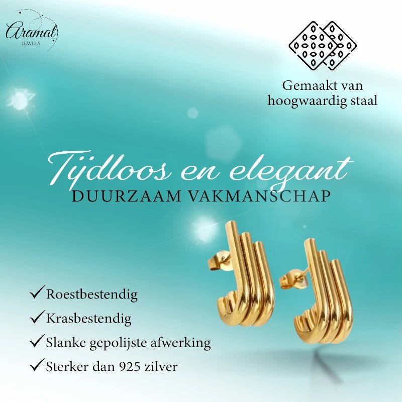 Triple Oorstekers Goudkleurig - Halve Hoepel Design -