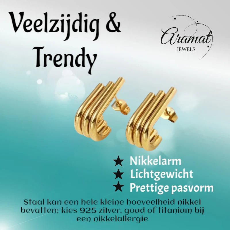 Triple Oorstekers Goudkleurig - Halve Hoepel Design -