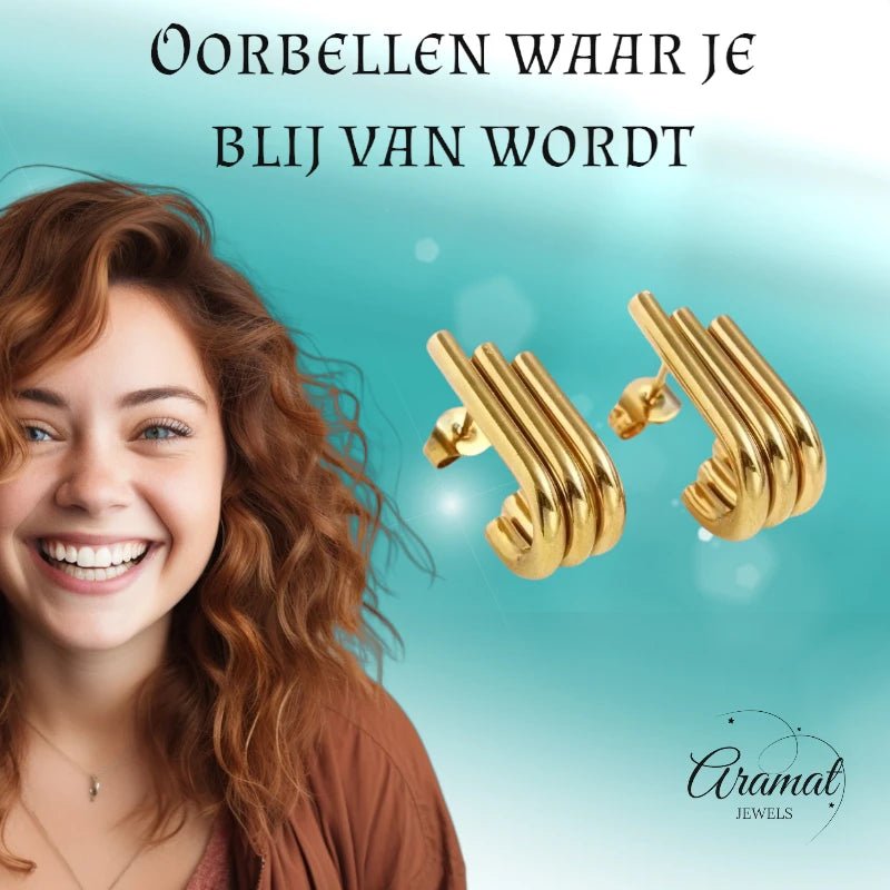 Triple Oorstekers Goudkleurig - Halve Hoepel Design -