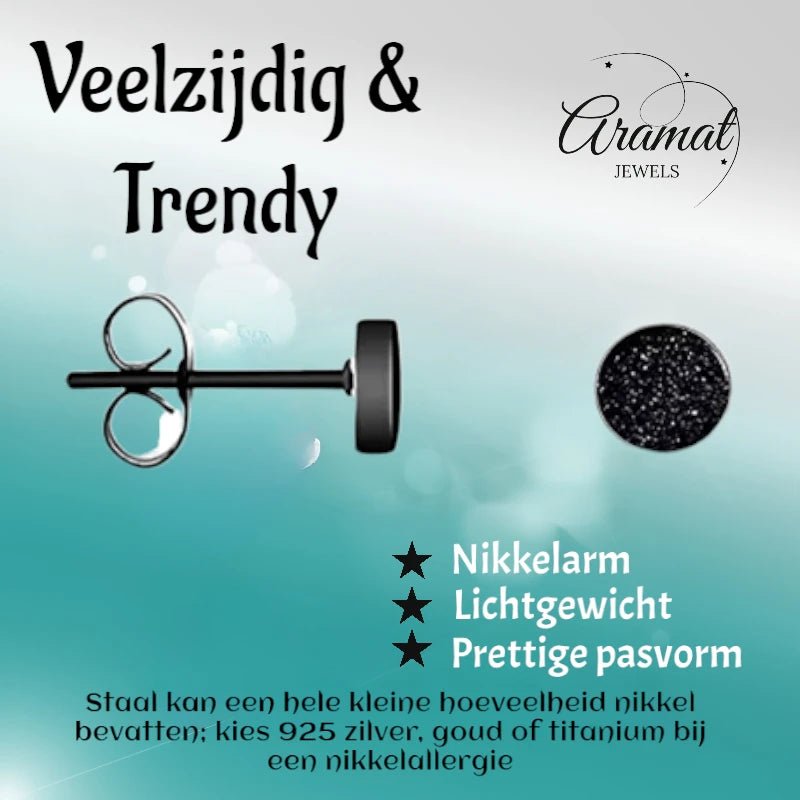 Stoere Zwarte Oorbellen Sandblast - 5mm RVS Mat -