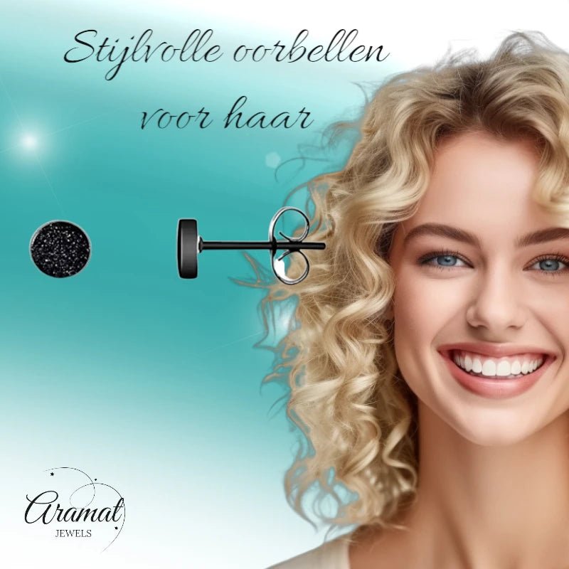 Stoere Zwarte Oorbellen Sandblast - 5mm RVS Mat -