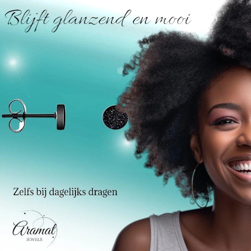 Stoere Zwarte Oorbellen Sandblast - 5mm RVS Mat -