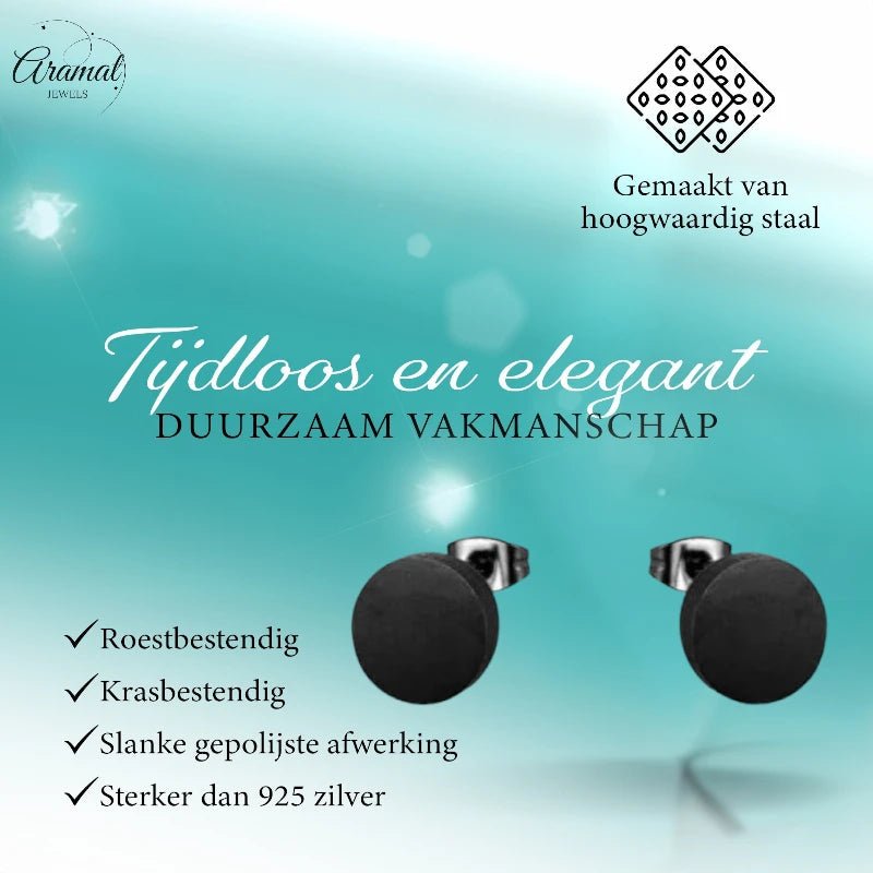 Stoere Zwarte Ronde Oorbellen - 10mm RVS -