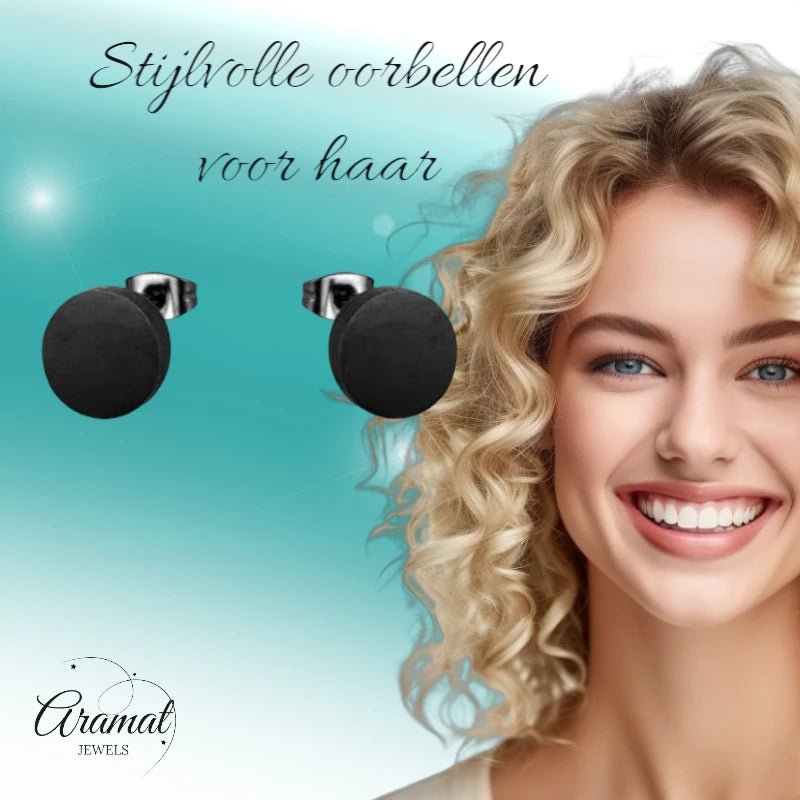 Stoere Zwarte Ronde Oorbellen - 10mm RVS -