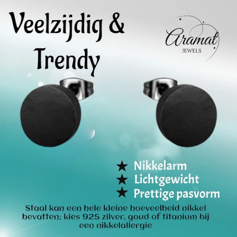 Stoere Zwarte Ronde Oorbellen - 10mm RVS -