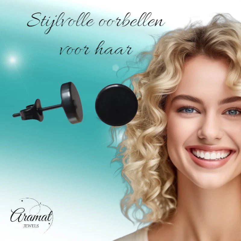 Stoere Zwarte Ronde Oorbellen - 8mm RVS -