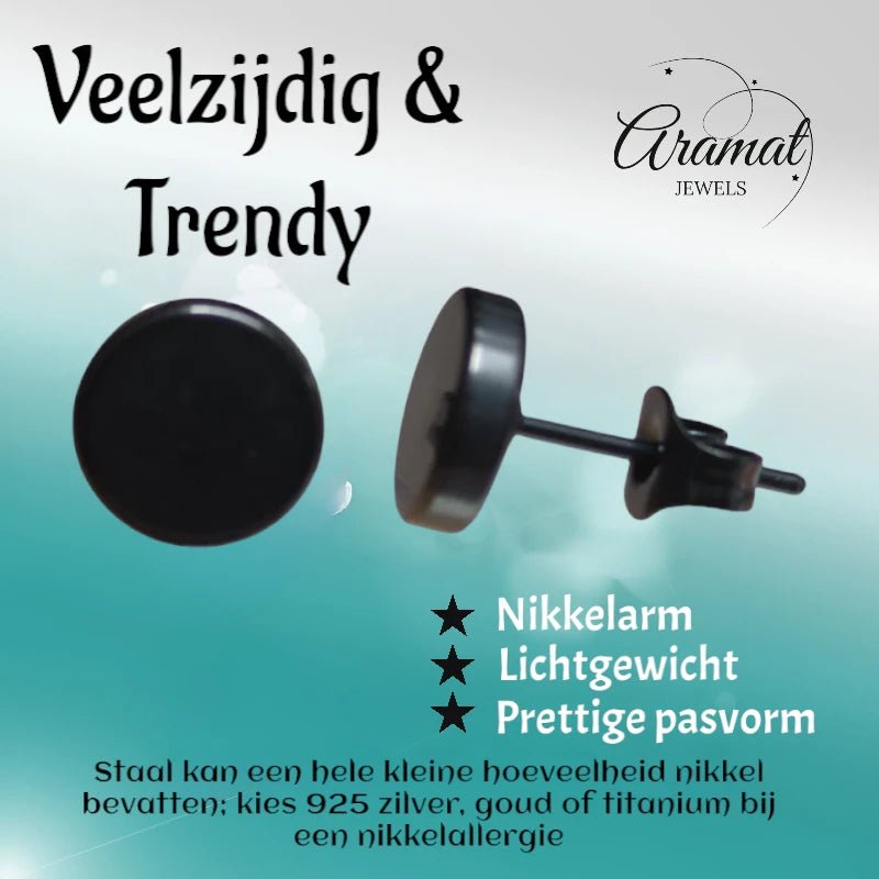Stoere Zwarte Ronde Oorbellen - 8mm RVS -