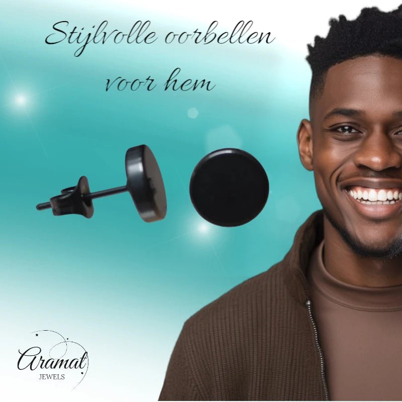 Stoere Zwarte Ronde Oorbellen - 8mm RVS -