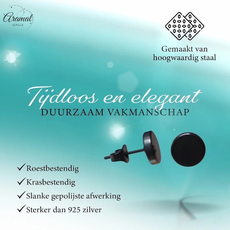 Stoere Zwarte Ronde Oorbellen - 7mm RVS -