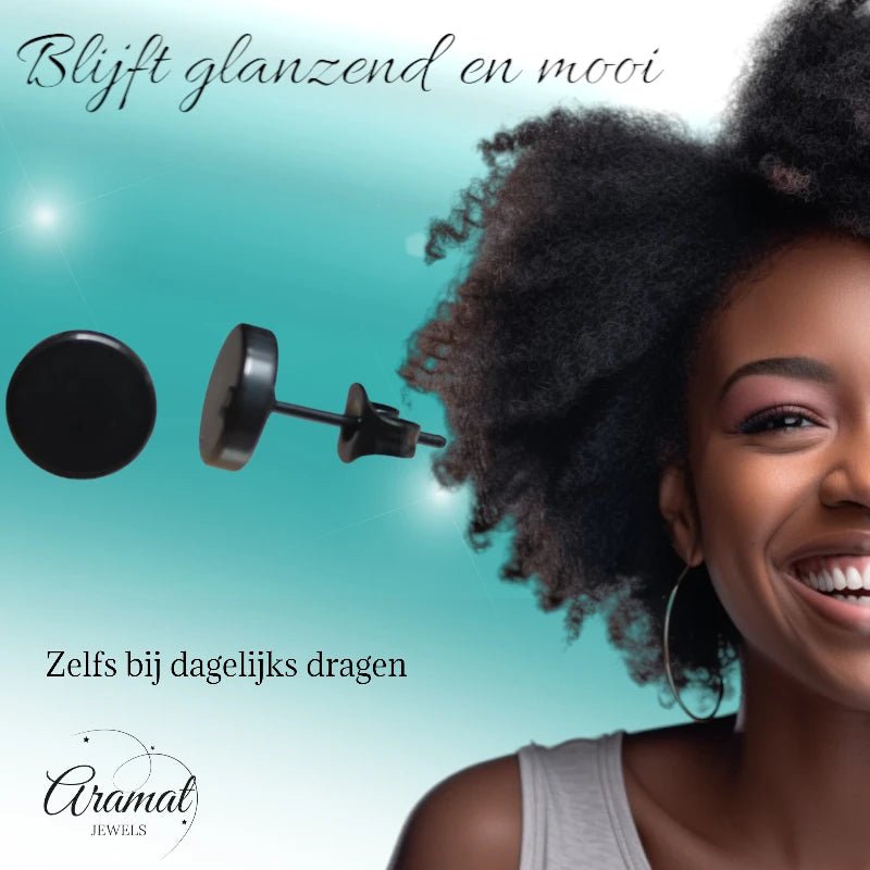 Stoere Zwarte Ronde Oorbellen - 7mm RVS -