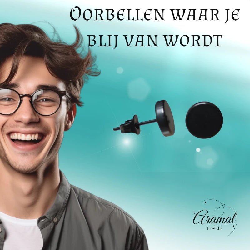 Stoere Zwarte Ronde Oorbellen - 7mm RVS -