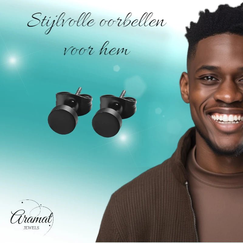 Ronde Zwarte Oorknopjes 6 mm &acirc;&euro;&ldquo; RVS -