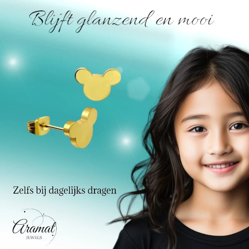 Goudkleurige Mickey Mouse Oorbellen &acirc;&euro;&ldquo; 8mm RVS -
