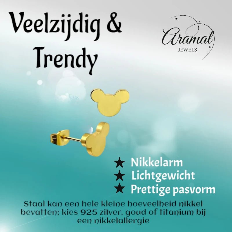 Goudkleurige Mickey Mouse Oorbellen &acirc;&euro;&ldquo; 8mm RVS -