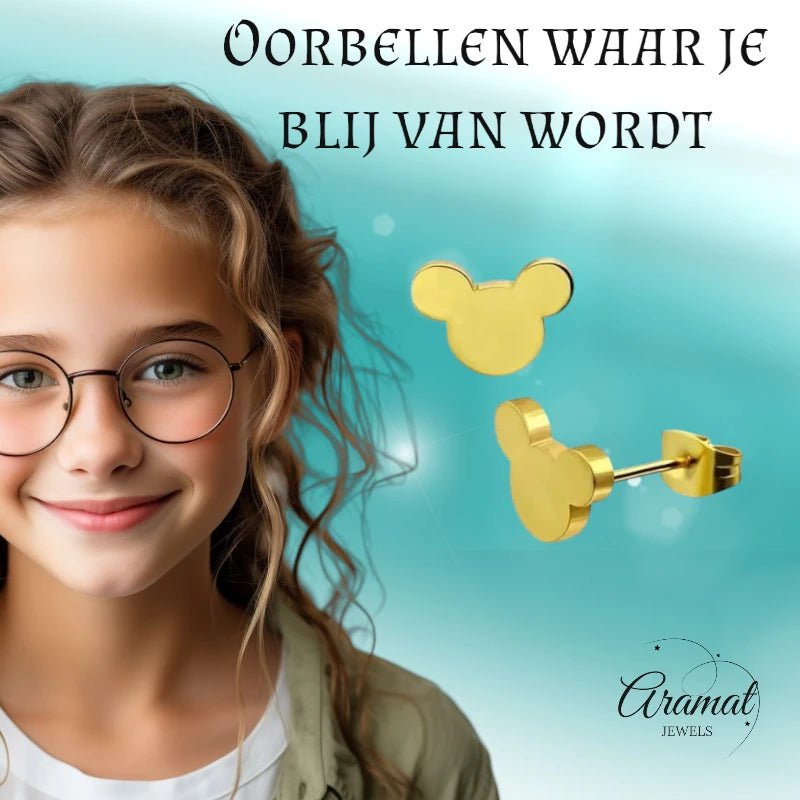 Goudkleurige Mickey Mouse Oorbellen &acirc;&euro;&ldquo; 8mm RVS -