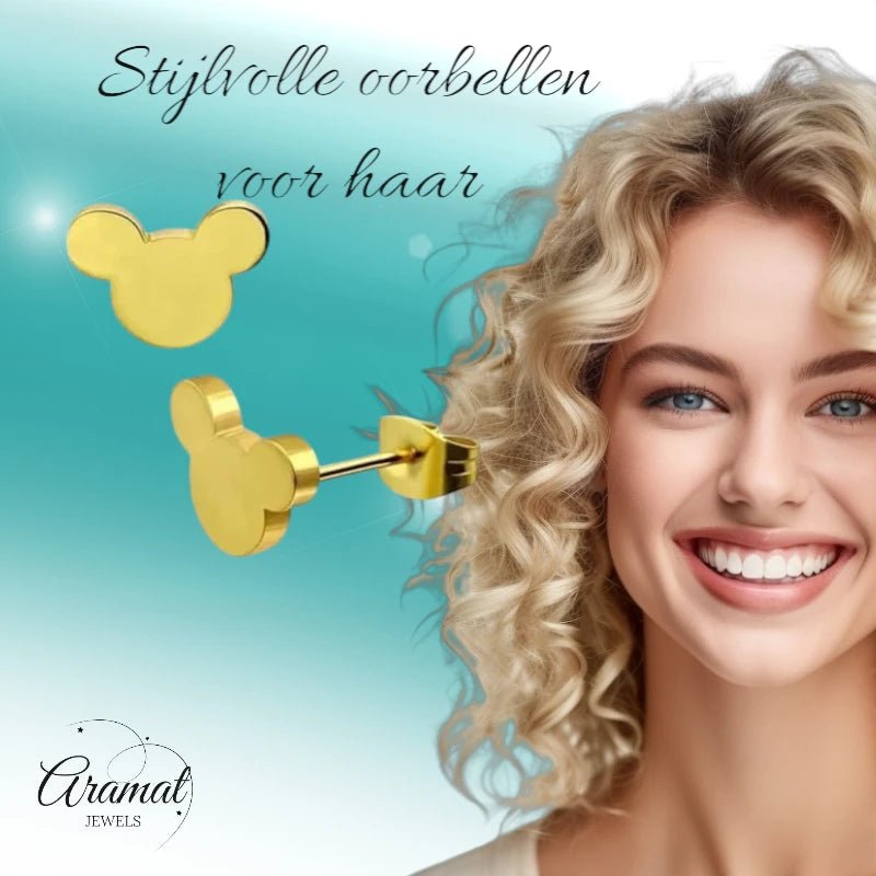 Goudkleurige Mickey Mouse Oorbellen &acirc;&euro;&ldquo; 8mm RVS -