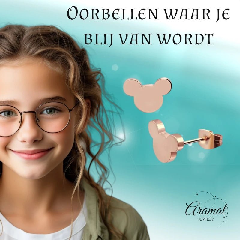 Ros&Atilde;&copy;kleurige Mickey Mouse Oorbellen &acirc;&euro;&ldquo; 8mm RVS -