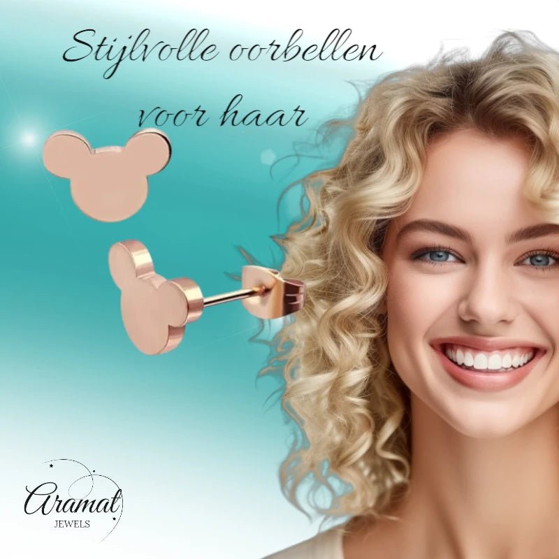 Ros&Atilde;&copy;kleurige Mickey Mouse Oorbellen &acirc;&euro;&ldquo; 8mm RVS -