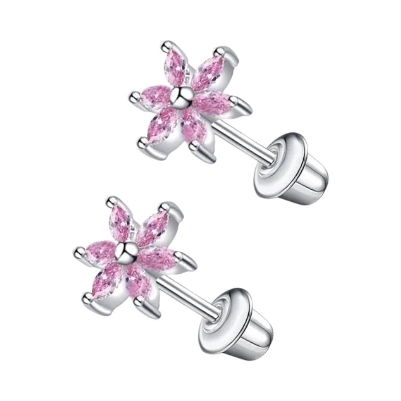RVS Bloem Oorbellen - Roze Zirkonia 8mm-schroefsluiting -